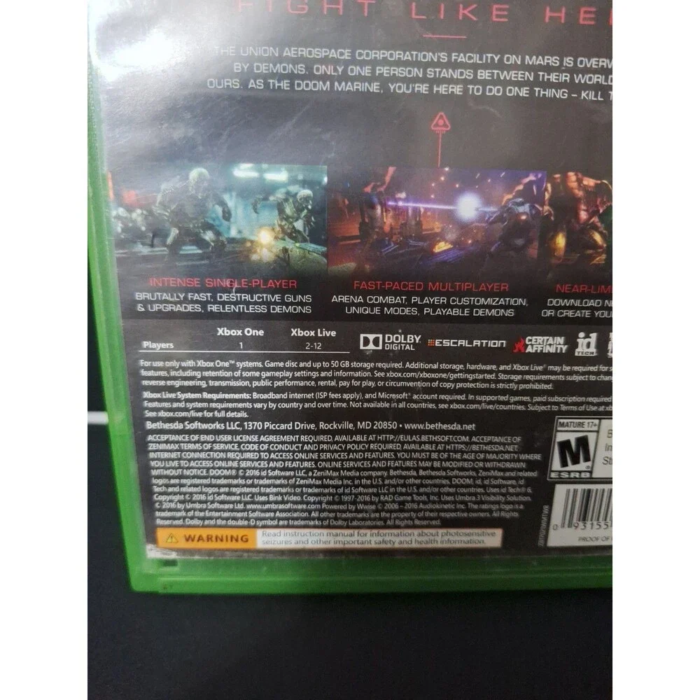 Xbox One Doom Video Game In Box No Scratches